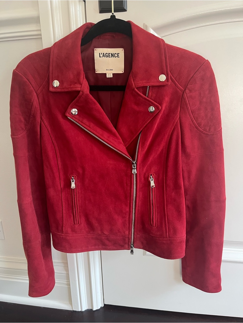 L'AGENCE Crimson Suede Asymmetrical Moto Jacket
